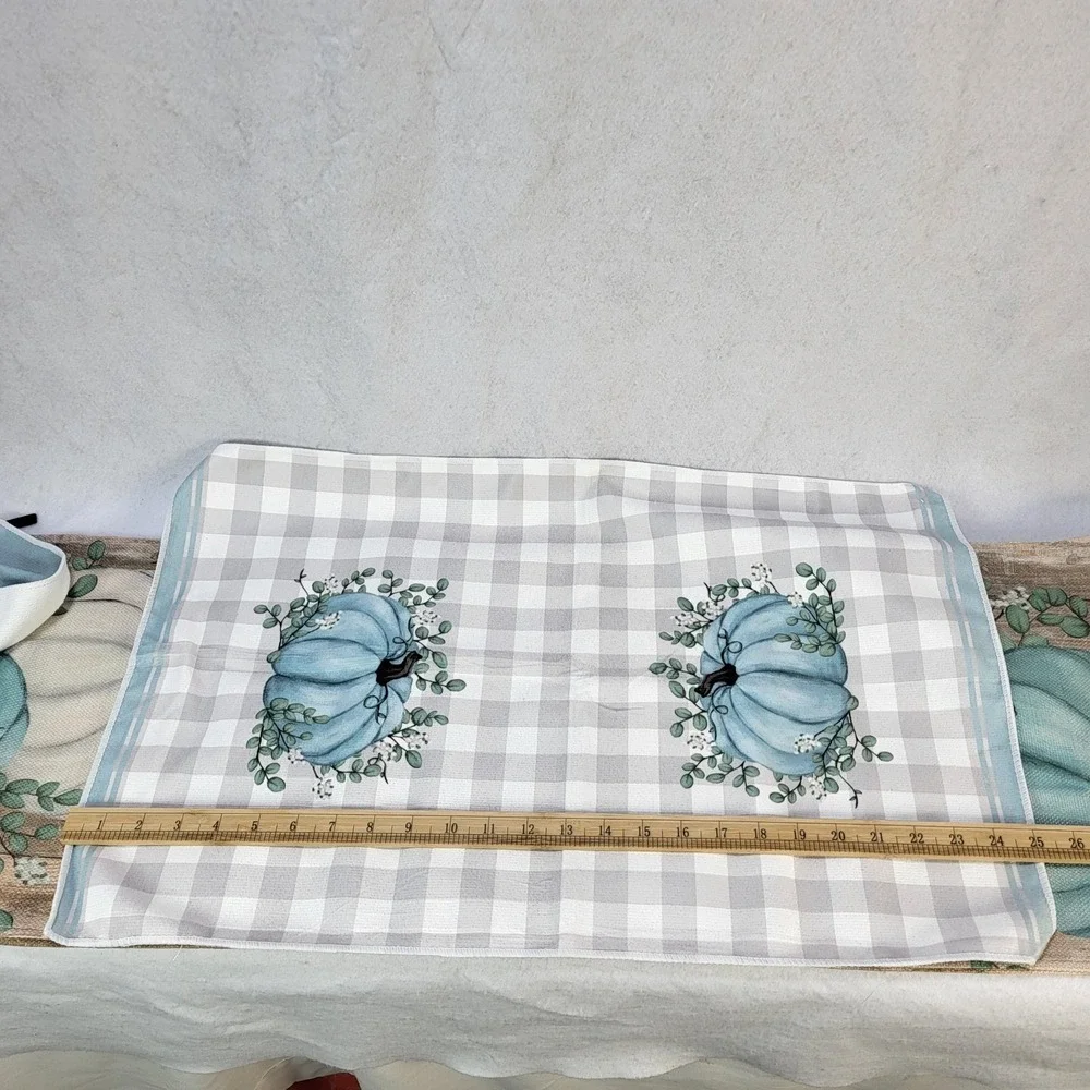 Pumpkin Kitchen Placemats Towel Set Table Runner Blue White Farmhouse Fall Decor